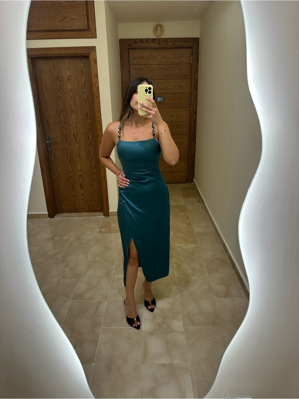 Zara Teal Satin Midi Dress with Side Slit